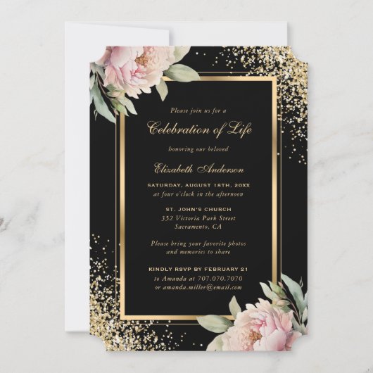 ピンク牡丹ブラック金ゴールドフォトお祝いオブ・ライフ 招待状 (正面)