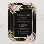 ピンク牡丹ブラック金ゴールドフォトお祝いオブ・ライフ 招待状 (正面/裏面)