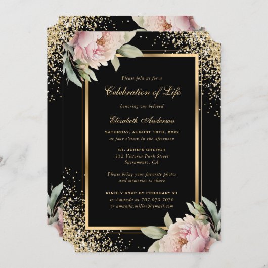 ピンク牡丹ブラック金ゴールドフォトお祝いオブ・ライフ 招待状 (正面/裏面)