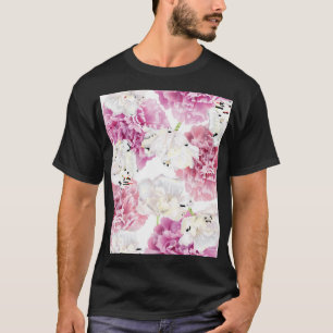 ピンク牡丹ホワイトチューリップヴィンテージ Tシャツ