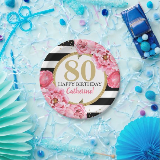 ピンク牡丹マイルストストライプのーン誕生日 ペーパープレート (パーティー)