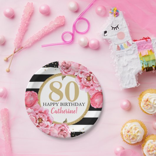 ピンク牡丹マイルストストライプのーン誕生日 ペーパープレート (パーティー)