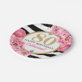 ピンク牡丹マイルストストライプのーン誕生日 ペーパープレート (アングル)