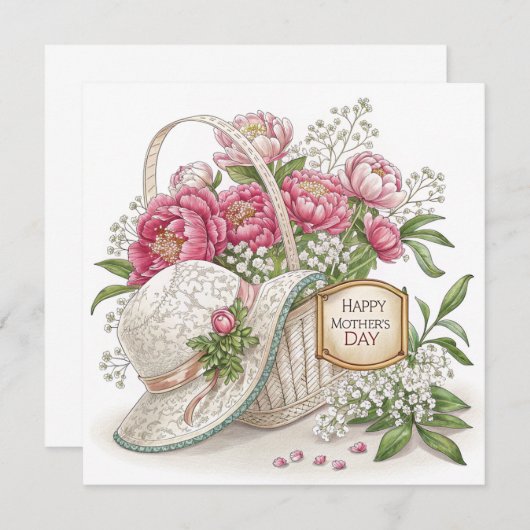 ピンク牡丹マザーズの日フラットアナウンスメントカード 案内状 (正面/裏面)