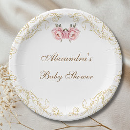 ピンク牡丹ロココヴィンテージ花赤ちゃんシャワー ペーパープレート