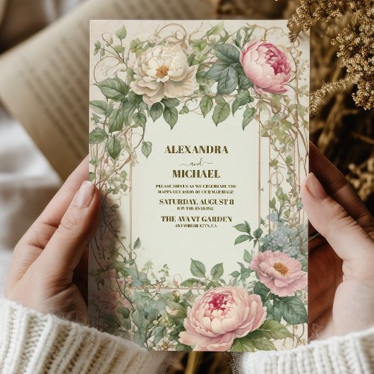 ピンク牡丹ロマンチックアールヌーボー結婚ズ 招待状