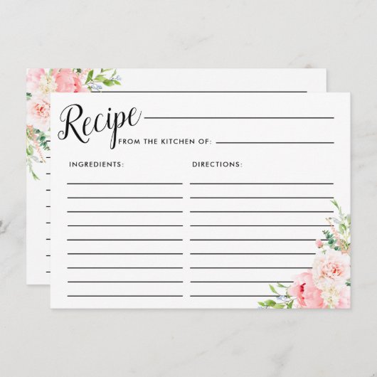 ピンク牡丹植物性ブライダルシャワーレシピカード エンクロージャーカード (正面/裏面)