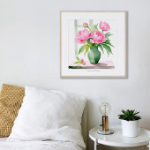ピンク牡丹水彩緑花瓶アートプリント ポスター