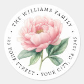 ピンク牡丹絵を描花差出人住所 ラウンドシール (正面)
