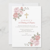 ピンク牡丹金ゴールドクロスベビーの誕生日バプテスマ 招待状 (正面)