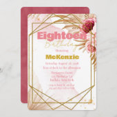 ピンク牡丹金ゴールドグリッター18th誕生日パーティー 招待状 (正面/裏面)