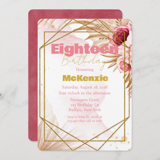 ピンク牡丹金ゴールドグリッター18th誕生日パーティー 招待状 (正面/裏面)