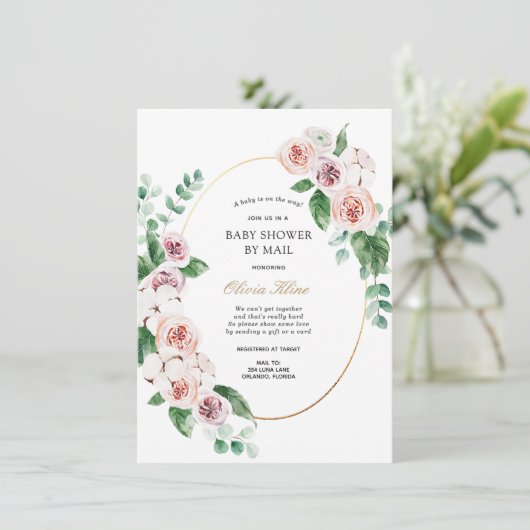 ピンク牡丹金ゴールドフレーム赤ちゃんシャワーbyメール 招待状 (スタンド正面)