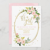 ピンク牡丹金ゴールド幾何学的グリッターガールベビーシャワー 招待状 (正面/裏面)