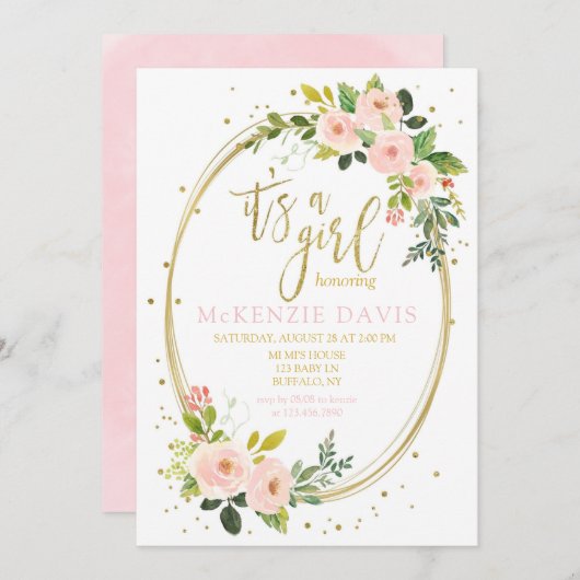 ピンク牡丹金ゴールド幾何学的グリッターガールベビーシャワー 招待状 (正面/裏面)