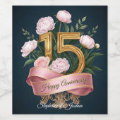 ピンク牡丹金ゴールド第結婚15周年記念 ワインラベル (シングルラベル)