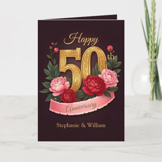 ピンク牡丹金ゴールド第50回結婚記念 カード (正面)