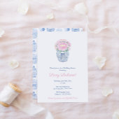 ピンク牡丹青名門私立校風の白の花瓶ブライダルシャワー 招待状