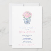 ピンク牡丹青名門私立校風の白の花瓶ブライダルシャワー 招待状 (正面)