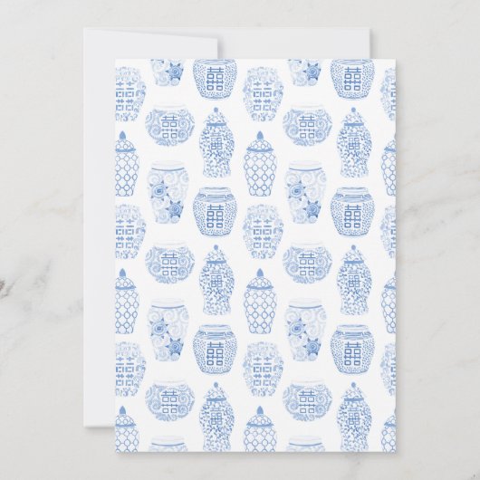 ピンク牡丹青名門私立校風の白の花瓶ブライダルシャワー 招待状 (裏面)