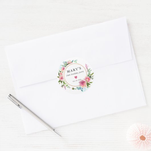 ピンク牡丹50th誕生日パーティーのお願い ラウンドシール (封筒)