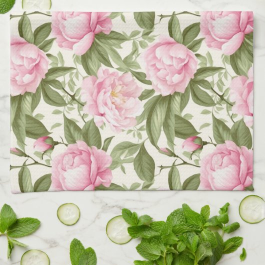 ピンク牡丹 キッチンタオル (折り畳み)