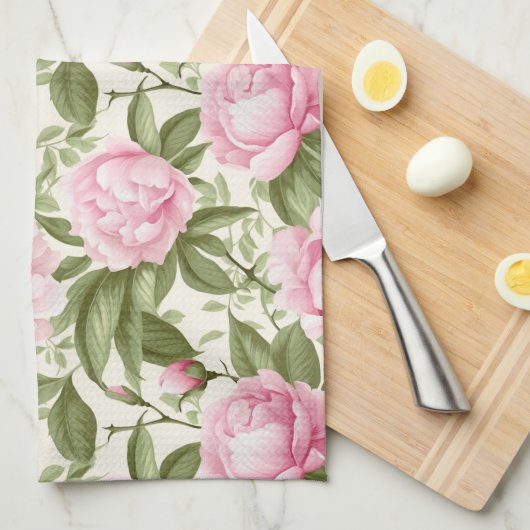 ピンク牡丹 キッチンタオル (四つ折り)
