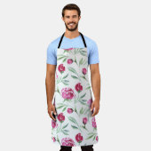 ピンク牡丹：水彩花模様 エプロン (着用した状態)
