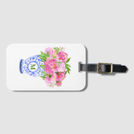 ピンク牡丹Chinoiserie花瓶グリーンモノグラム ラゲッジタグ