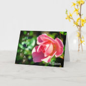 ピンク独身のバラパーソナライズされた誕生日カード カード (黄色い花)