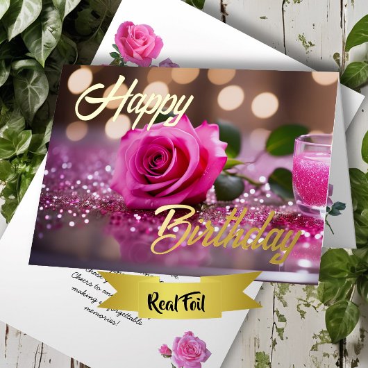 ピンク独身のローズエレガント誕生日ウィッシュ 箔グリーティングカード