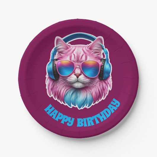 ピンク猫の誕生日パーティー ペーパープレート (正面)