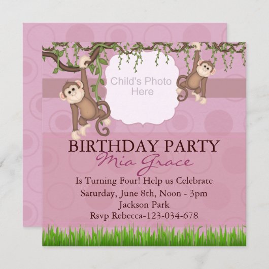 ピンク猿のおもしろいの写真の誕生日の招待 招待状 (正面/裏面)