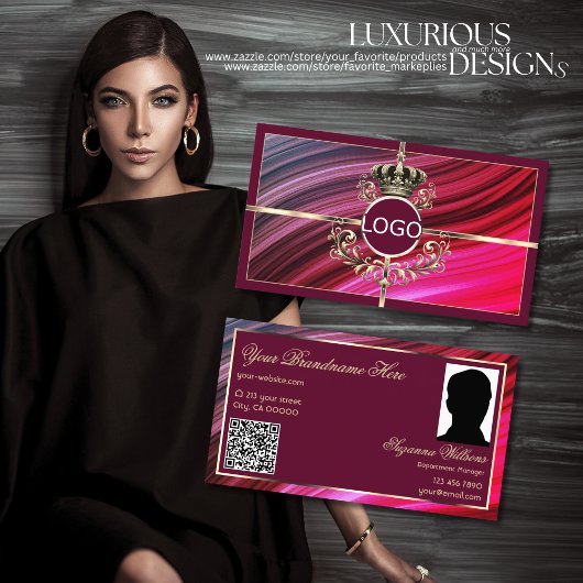 ピンク王室のバーガンディ金ゴールドクラウンロゴ写真QRコード 名刺