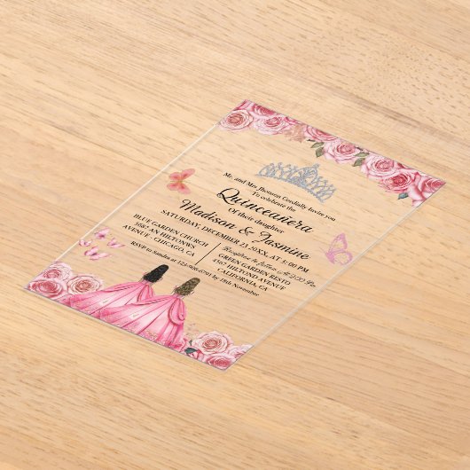ピンク王室のフローラバタフライツインキンセアニェラ アクリル招待状 (レイダウン)