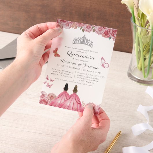 ピンク王室のフローラバタフライツインキンセアニェラ ベラム紙招待状 (ポータブル)