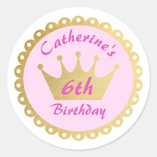 ピンク王室のプリンセスクラウンガール誕生日 ラウンドシール (正面)