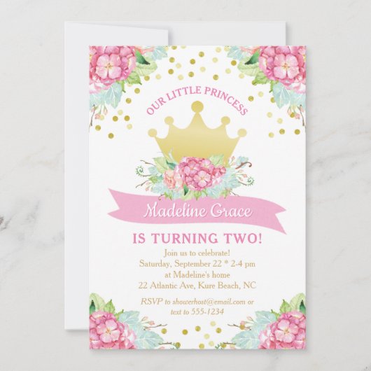 ピンク王室の金ゴールドプリンセスかわいらしフローラ誕生日 招待状 (正面)