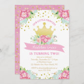 ピンク王室の金ゴールドプリンセスかわいらしフローラ誕生日 招待状 (正面/裏面)