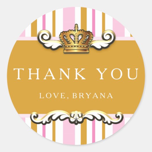 ピンク王室の&金ゴールドクラウンプリンセスパーティーステッカー ラウンドシール (正面)