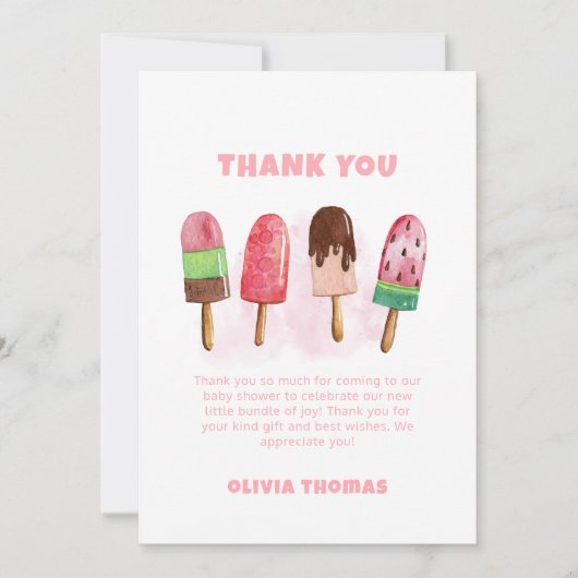 ピンク甘いアイスクリームポップシクル赤ちゃんシャワーへようこそ サンキューカード (正面)