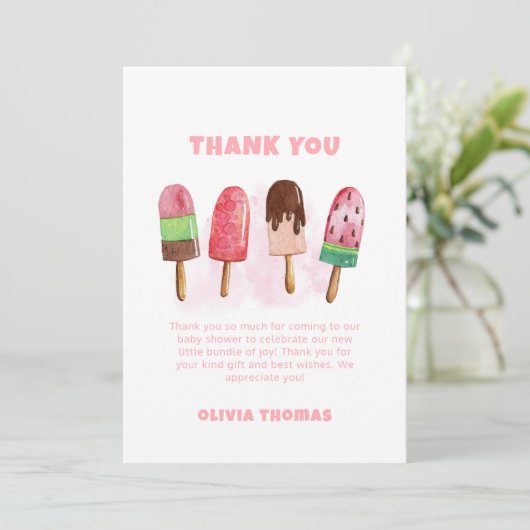 ピンク甘いアイスクリームポップシクル赤ちゃんシャワーへようこそ サンキューカード (スタンド正面)