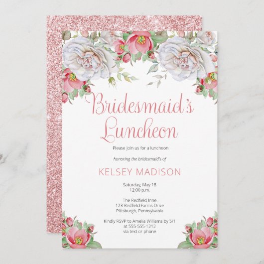ピンク甘いフローラ開花ブリデスメイドズランチョン 招待状 (正面/裏面)