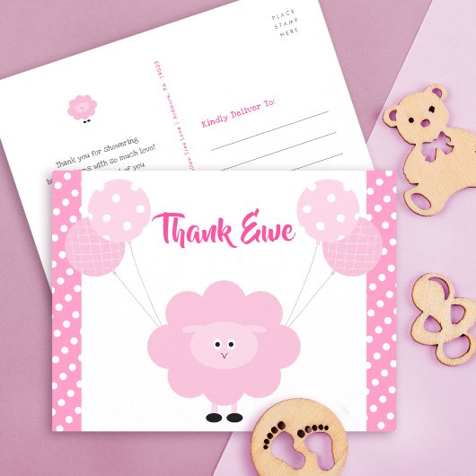 ピンク甘い子羊の女の子の赤ちゃんシャワーかわいい感謝 ポストカード