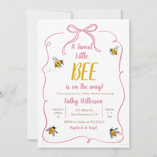 ピンク甘い小さなハチミツバギンガムベビーシャワー 招待状 (正面)