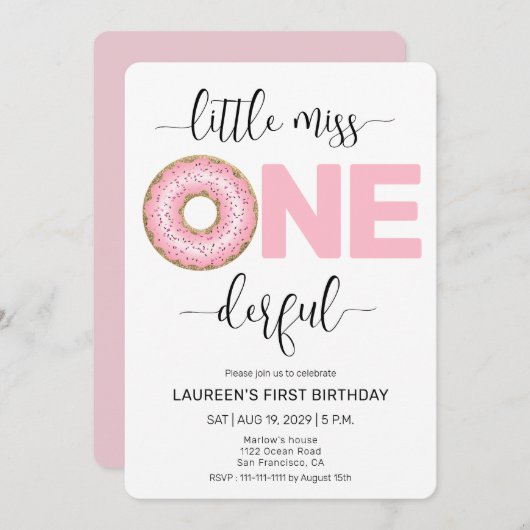 ピンク甘い小さな恋しく思第1誕生日の丸いエッジ 招待状 (正面/裏面)