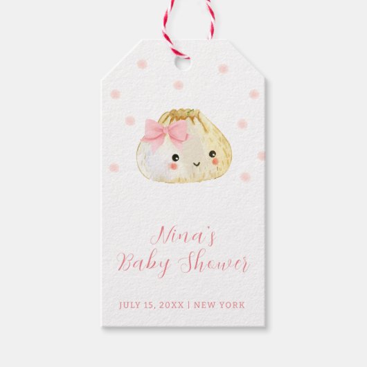 ピンク甘い小さな餃子の女の子の赤ちゃんシャワー ギフトタグ (正面)