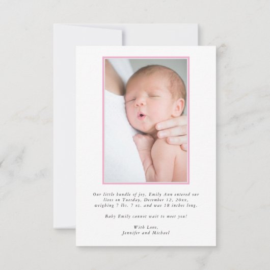 ピンク生まれたばかりののベビーガール写真（統計あり） ノートカード (裏面)
