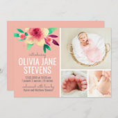 ピンク生まれたばかりのガールフォトコラージュフローラ水彩 セーブザデート (正面/裏面)