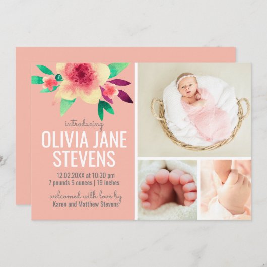 ピンク生まれたばかりのガールフォトコラージュフローラ水彩 セーブザデート (正面/裏面)